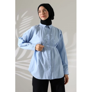 Kadın 100% Pamuk Poplin Kumaş Mavi Tesettür Gömlek