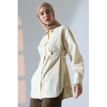 Kadın 100% Pamuk Poplin Kumaş Krem Tesettür Gömlek