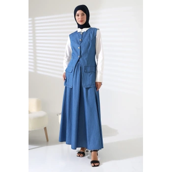 Kadın 100% Pamuk Kot Mavi Yelek Etek Tesettür Takım