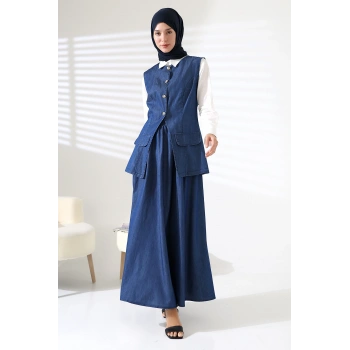 Kadın 100% Pamuk Kot Lacivert Yelek Etek Tesettür Takım