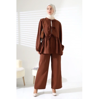 Kadın 100% Pamuk Modal Kahverengi Gömlek Pantolon Tesettür Takım