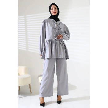 Kadın 100% Pamuk Modal Gri Gömlek Pantolon Tesettür Takım
