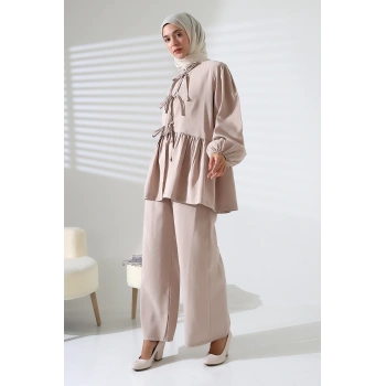 Kadın 100% Pamuk Modal Taş Rengi Gömlek Pantolon Tesettür Takım