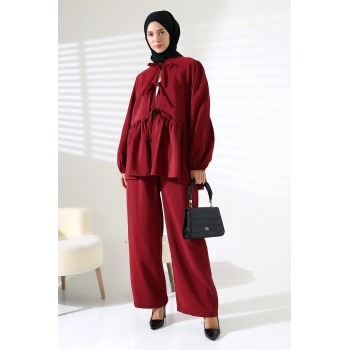 Kadın 100% Pamuk Modal Bordo Gömlek Pantolon Tesettür Takım