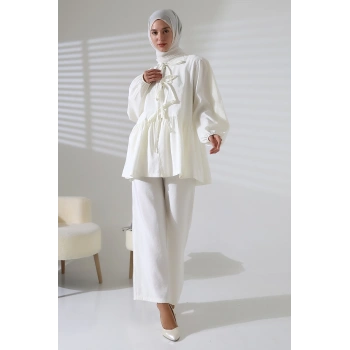 Kadın 100% Pamuk Modal Beyaz Gömlek Pantolon Tesettür Takım