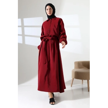 Kadın 100% Pamuk Modal Bordo Gömlek Etek Tesettür Takım