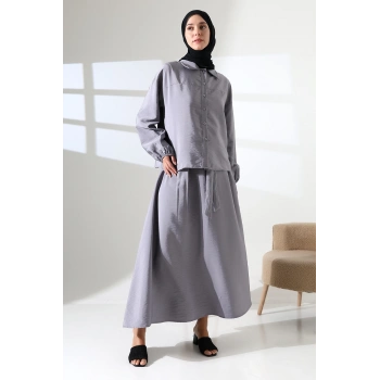 Kadın 100% Pamuk Modal Gri Gömlek Etek Tesettür Takım