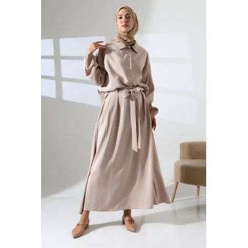 Kadın 100% Pamuk Modal Krem Gömlek Etek Tesettür Takım