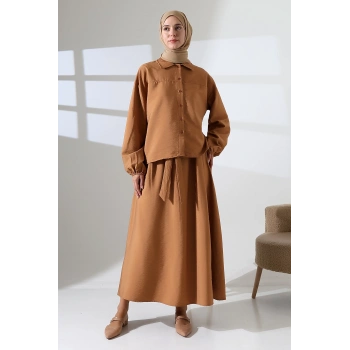 Kadın 100% Pamuk Modal Camel Gömlek Etek Tesettür Takım