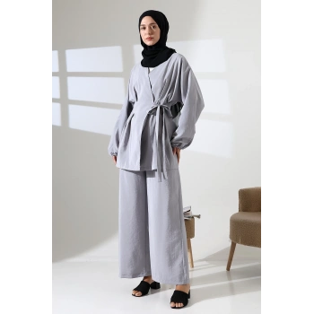 Kadın 100% Pamuk Modal Gri Kimono Pantolon Tesettür Takım