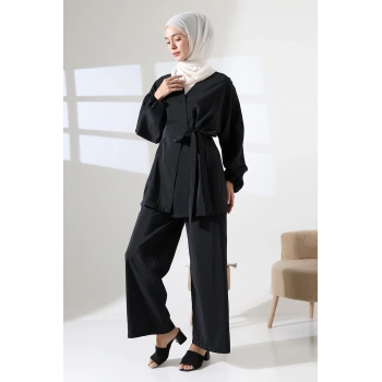 Kadın 100% Pamuk Modal Siyah Kimono Pantolon Tesettür Takım