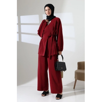 Kadın 100% Pamuk Modal Bordo Kimono Pantolon Tesettür Takım