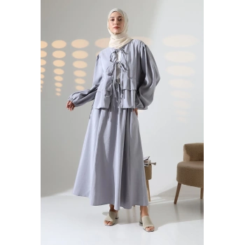 Kadın 100% Pamuk Modal Gri Gömlek Etek Tesettür Takım