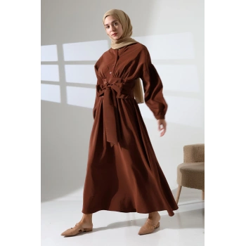 Kadın 100% Pamuk Modal Kahverengi Gömlek Etek Tesettür Takım