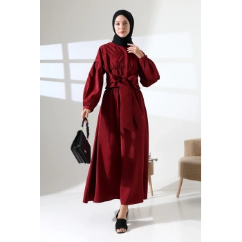 Kadın 100% Pamuk Modal Bordo Gömlek Etek Tesettür Takım