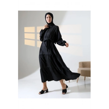 Kadın 100% Pamuk Viskon Desenli Siyah Tesettür Elbise