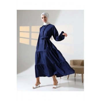 Kadın 100% Pamuk Viskon Desenli Lacivert Tesettür Elbise