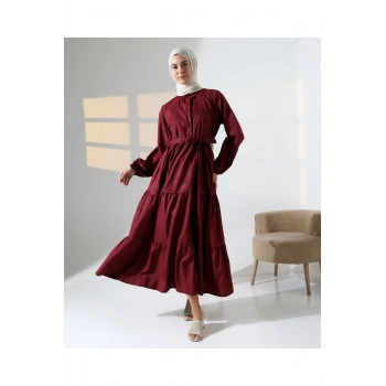 Kadın 100% Pamuk Viskon Desenli Bordo Tesettür Elbise