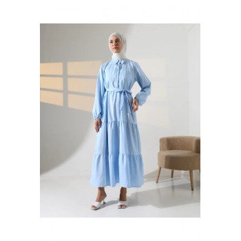 Kadın 100% Pamuk Viskon Desenli Mavi Tesettür Elbise