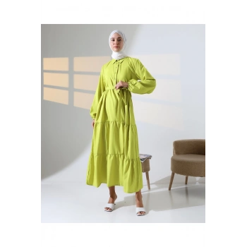 Kadın 100% Pamuk Viskon Desenli Yeşil Tesettür Elbise