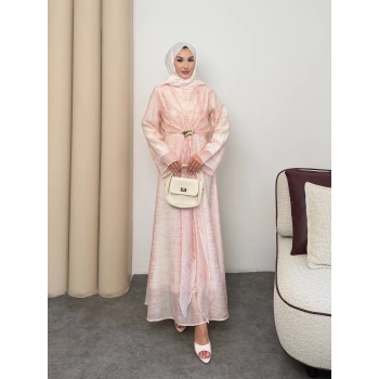 Amelia  Model Kemerli Bilek Büzgü Desen Detaylı Kadın Elbise