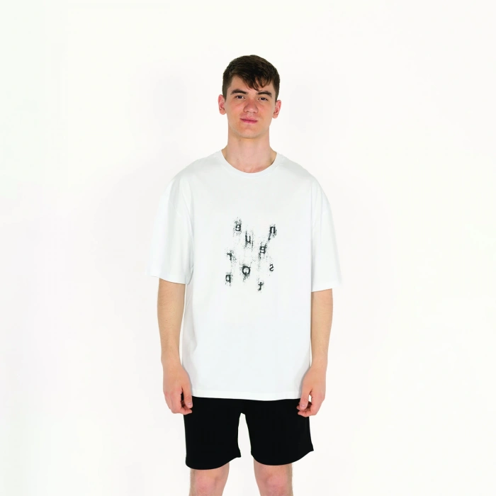 Oversized Never Stop Baskılı Erkek Beyaz T-Shirt