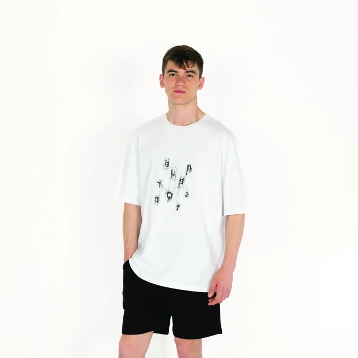 Oversized Never Stop Baskılı Erkek Beyaz T-Shirt