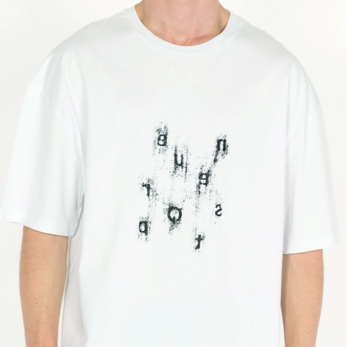 Oversized Never Stop Baskılı Erkek Beyaz T-Shirt