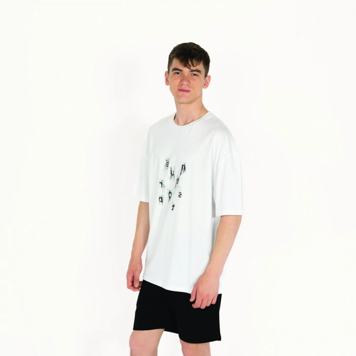 Oversized Never Stop Baskılı Erkek Beyaz T-Shirt