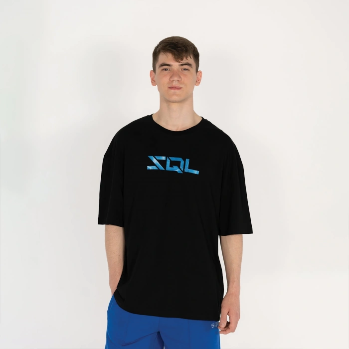 Oversized SQL Transfer Baskılı Erkek Siyah T-Shirt