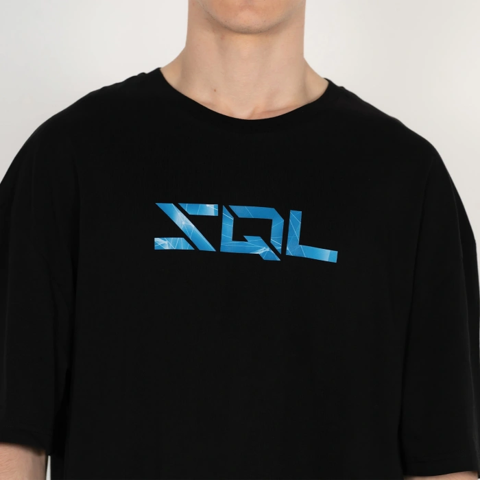 Oversized SQL Transfer Baskılı Erkek Siyah T-Shirt