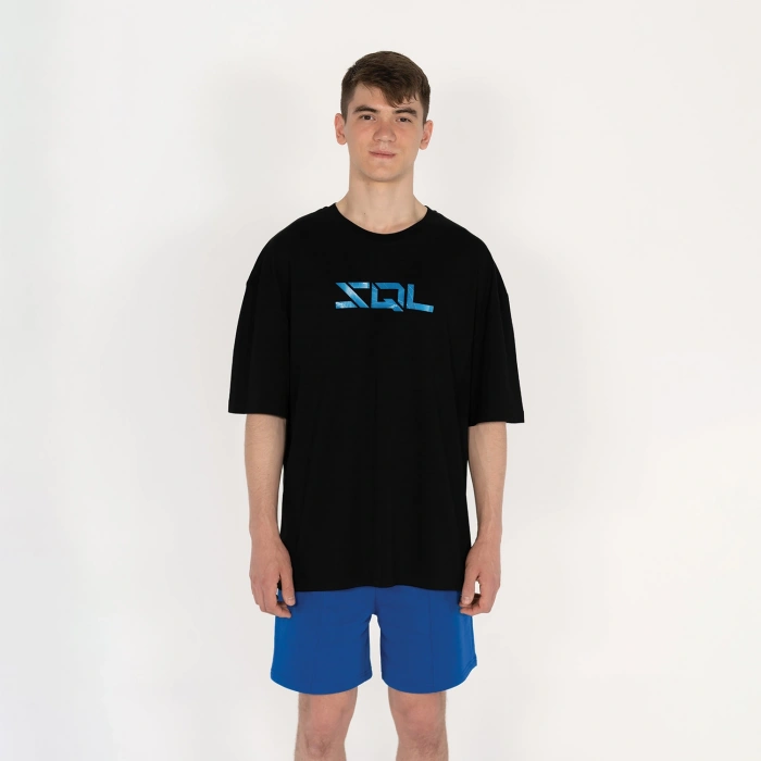 Oversized SQL Transfer Baskılı Erkek Siyah T-Shirt