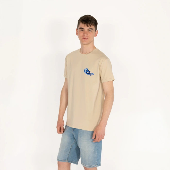 Slimfit Sql El Logolu Baskılı Erkek Bej T-Shirt