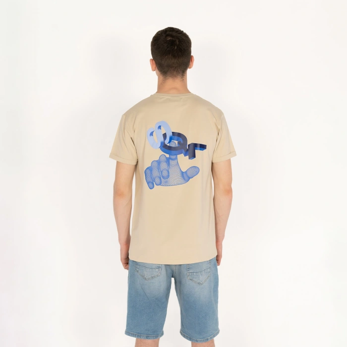 Slimfit Sql El Logolu Baskılı Erkek Bej T-Shirt