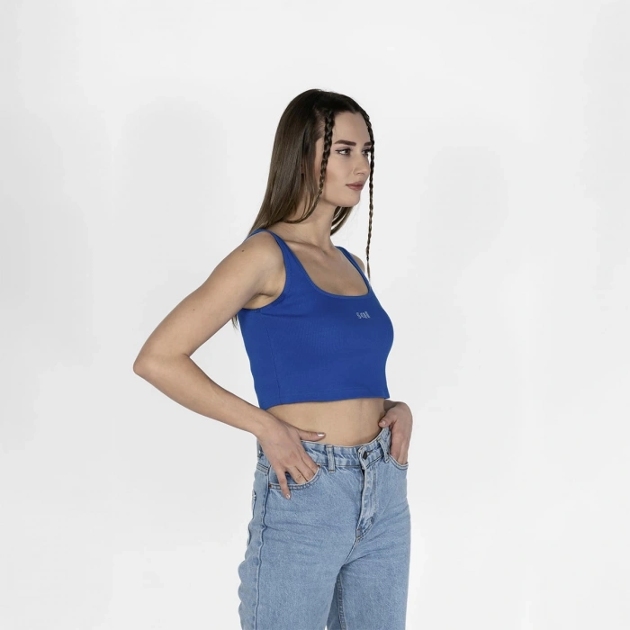 Geniş Askılı Nakışlı Kaşkorse Kadın Saks Mavi Crop