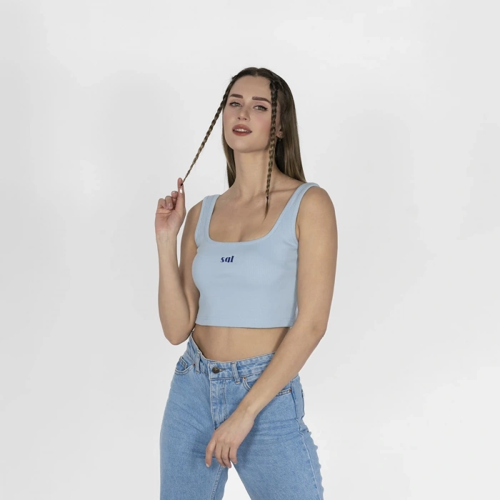 Geniş Askılı Nakışlı Kaşkorse Kadın Mavi Crop