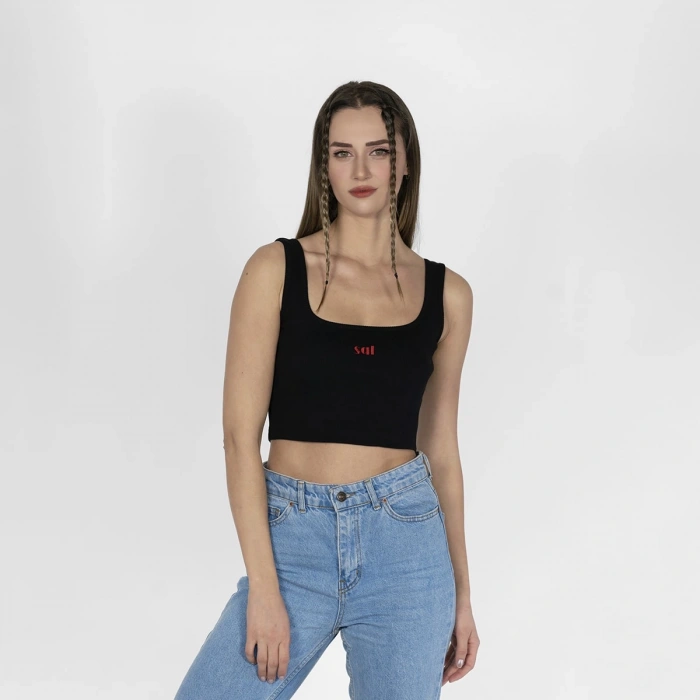 Geniş Askılı Nakışlı Kaşkorse Kadın Siyah Crop