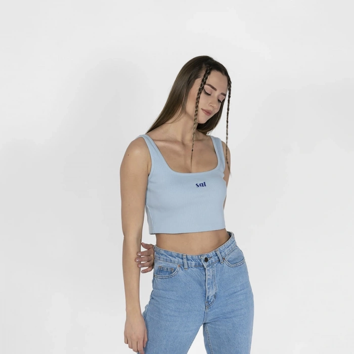 Geniş Askılı Nakışlı Kaşkorse Kadın Mavi Crop