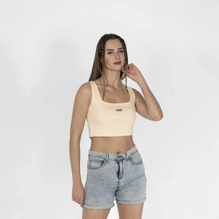 Geniş Askılı Nakışlı Kaşkorse Kadın Ekru Crop