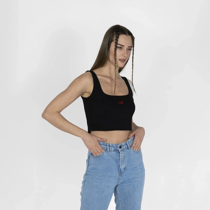 Geniş Askılı Nakışlı Kaşkorse Kadın Siyah Crop