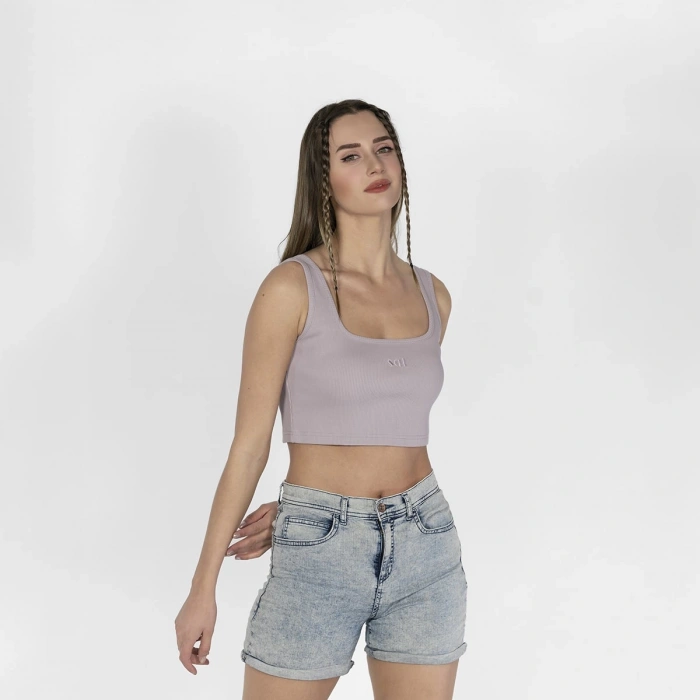 Geniş Askılı Nakışlı Kaşkorse Kadın Lila Crop