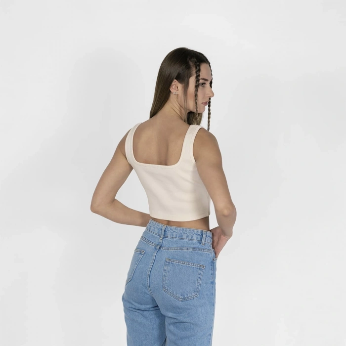 Geniş Askılı Nakışlı Kaşkorse Kadın Kırık Beyaz Crop