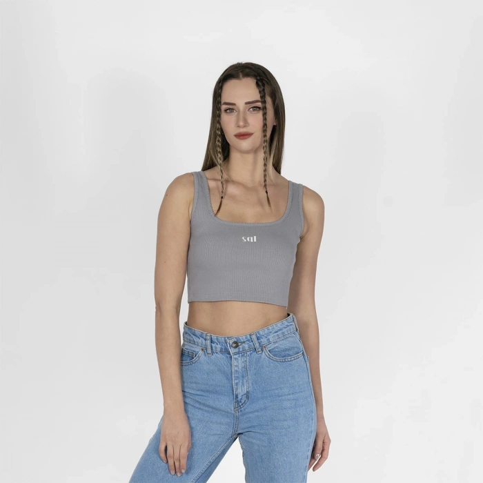 Geniş Askılı Nakışlı Kaşkorse Kadın Gri Crop