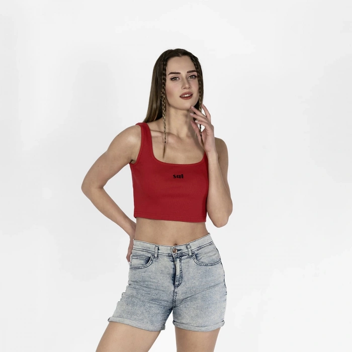 Geniş Askılı Nakışlı Kaşkorse Kadın Kırmızı Crop