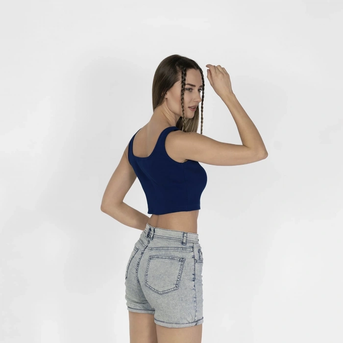 Geniş Askılı Nakışlı Kaşkorse Kadın Lacivert Crop