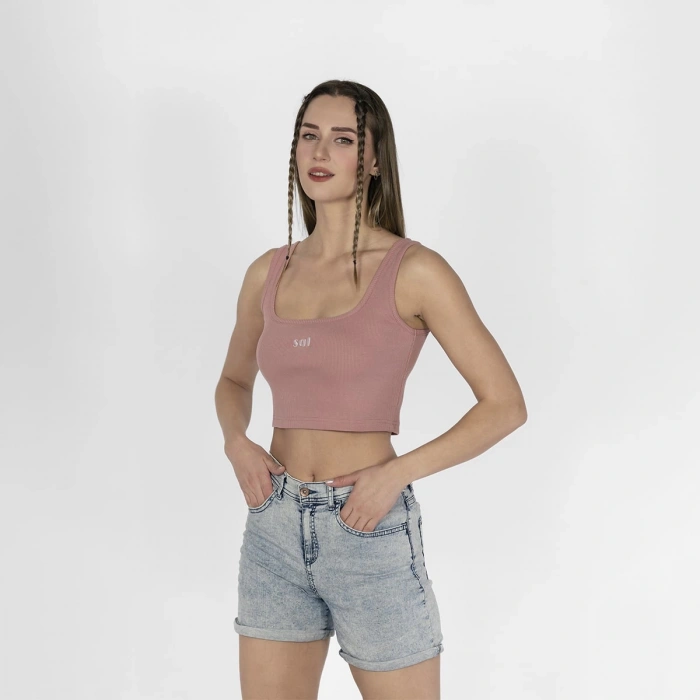 Geniş Askılı Nakışlı Kaşkorse Kadın Pembe Crop