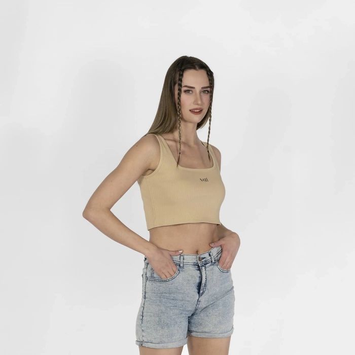 Geniş Askılı Nakışlı Kaşkorse Kadın Bej Crop