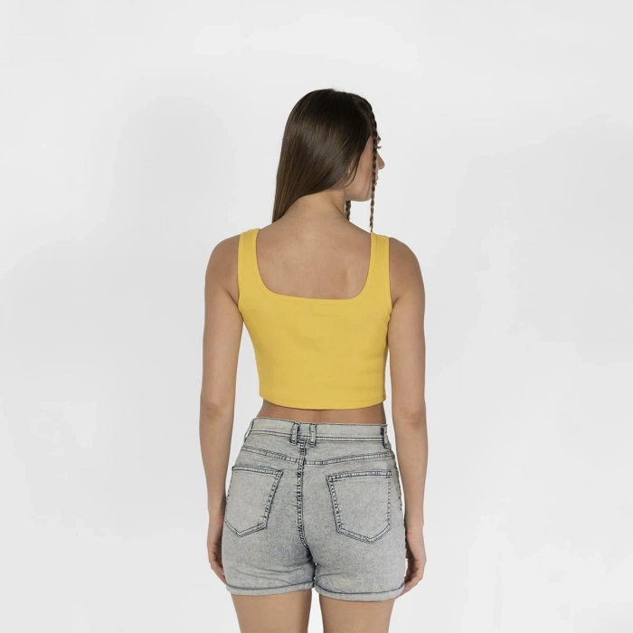 Geniş Askılı Nakışlı Kaşkorse Kadın Sarı Crop