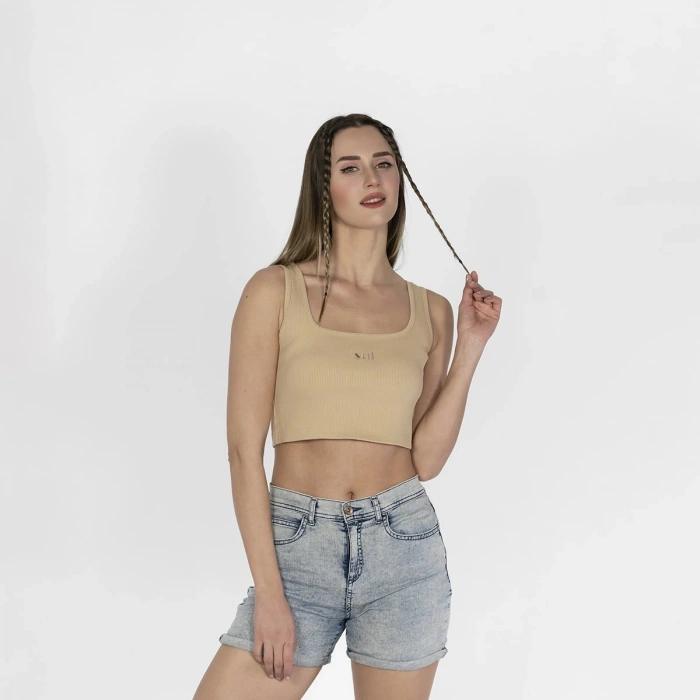 Geniş Askılı Nakışlı Kaşkorse Kadın Bej Crop