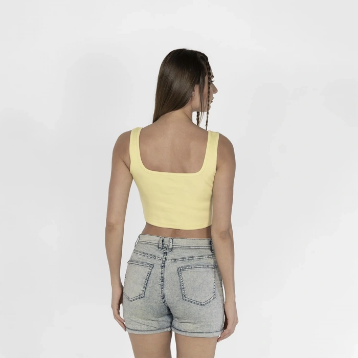 Geniş Askılı Nakışlı Kaşkorse Kadın Açık Sarı Crop